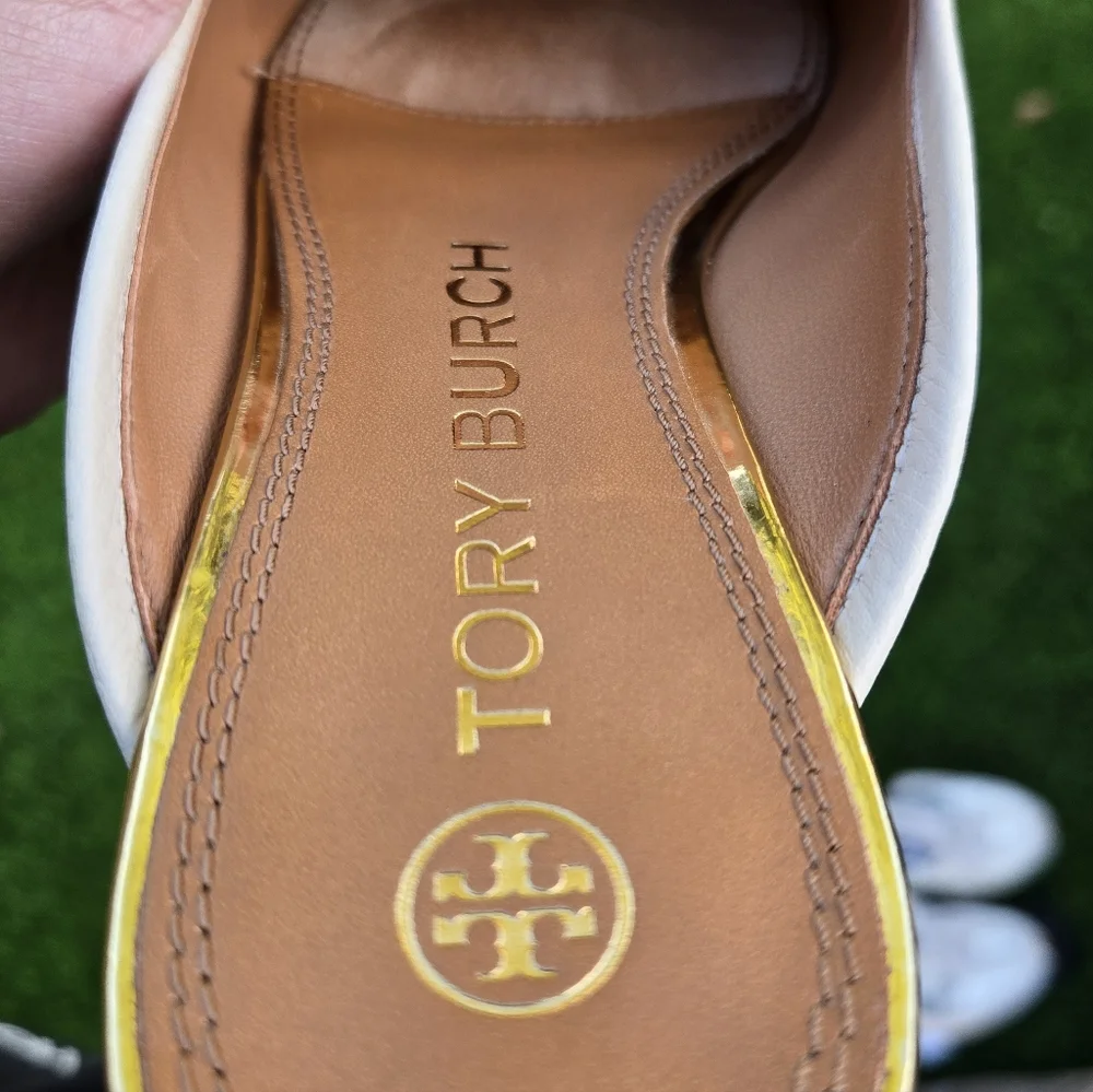 Tory Burch Cream Mules with Gold Chain Detail Size 7